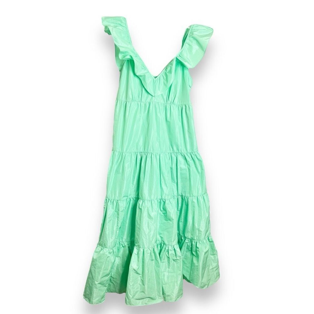 J. Crew Taffeta Ruffled Scoop Neck Maxi Dress Taffeta in Mint Green Neon Size 6